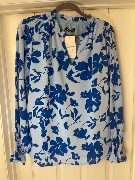 Moda Tops - NWT Mascomoda Blue Floral Long-Sleeve V-Neck XL Blouse